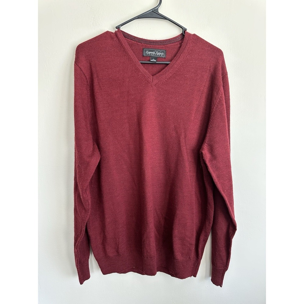 Kenneth Roberts LARGE 100% Merino Wool Sweater Red V Neck Pullover‎